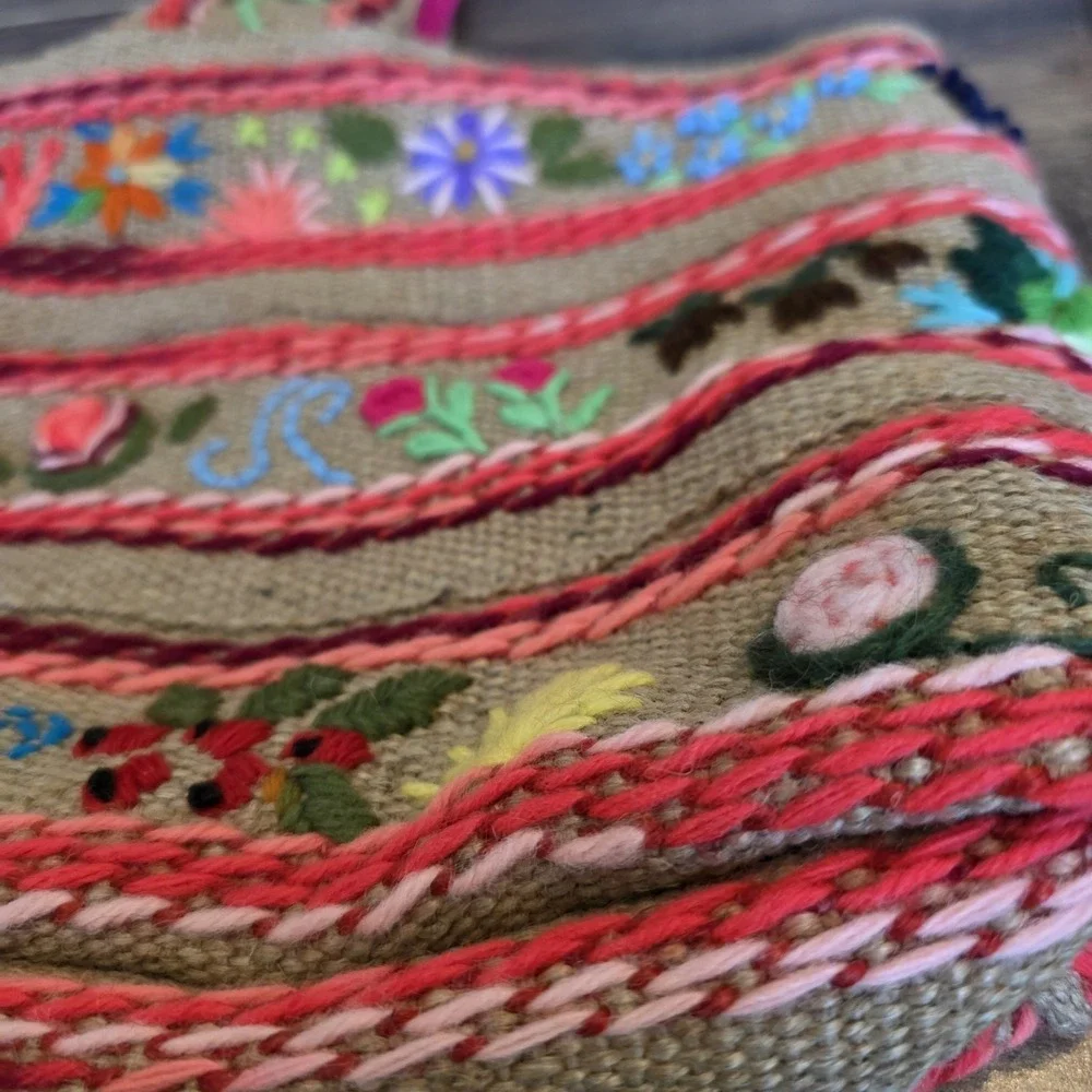 Colorful‎ Jute Burlap Bag Yarn Embroidery Boho Flowers Corduroy Lined Pocket